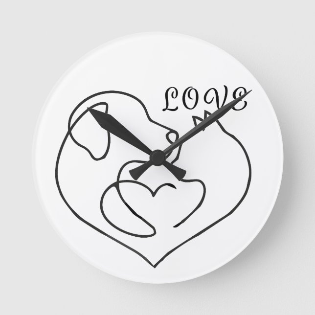 Minimalist Dog and Cat Heart - One Line Art Design Rund Klocka (Framsida)