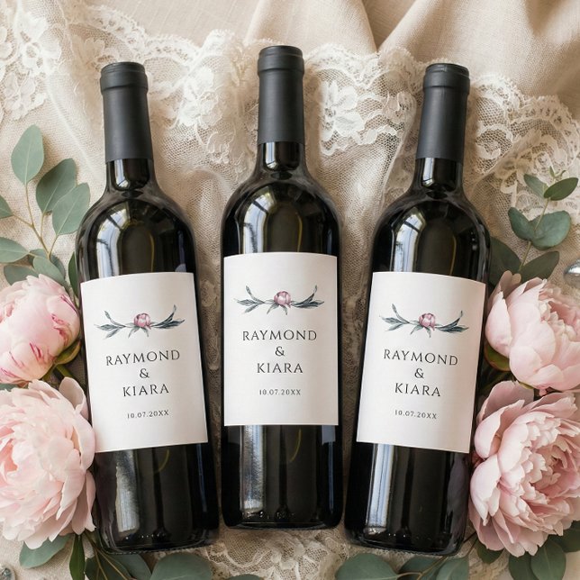 Minimalist Dusky Pink Peony Floral Wedding Vinflaska Etikett (blush pink peony wedding wine labels)