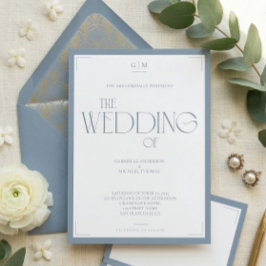 Minimalist Dusty Blue Elegant Monogram Wedding  Inbjudningar