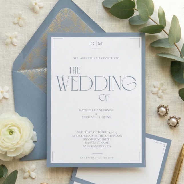 Minimalist Dusty Blue Elegant Monogram Wedding  Inbjudningar (Skapare uppladdad)