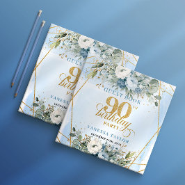 Minimalist Dusty Blue Floral Script 90th Birthday  Gästböcker