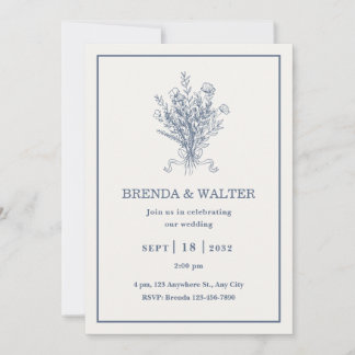Minimalist Dusty Blue Floral Sketch Wedding  Inbjudningar