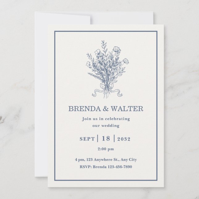 Minimalist Dusty Blue Floral Sketch Wedding  Inbjudningar (Framsida)