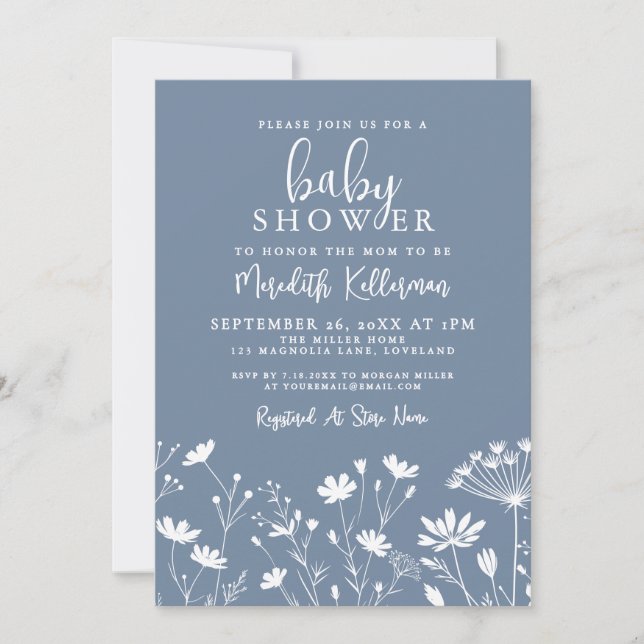 Minimalist Dusty Blue Wildflower Baby Shower Inbjudningar (Framsida)