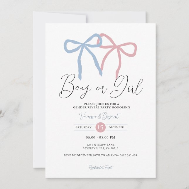 Minimalist Dusty Pink Blue Ribbon Gender Reveal Inbjudningar (Framsida)
