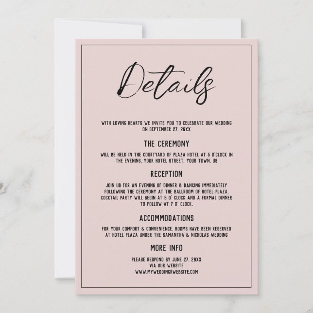 Minimalist Dusty Pink Details Wedding Invitation Inbjudningar (Framsida)