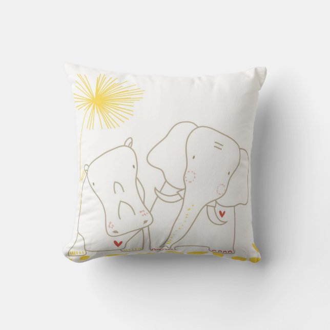 Minimalist elefant och flodhäst - gult och vit kudde (Framsida)
