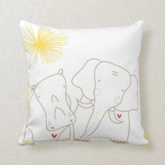 Minimalist elefant och flodhäst - gult och vit kudde