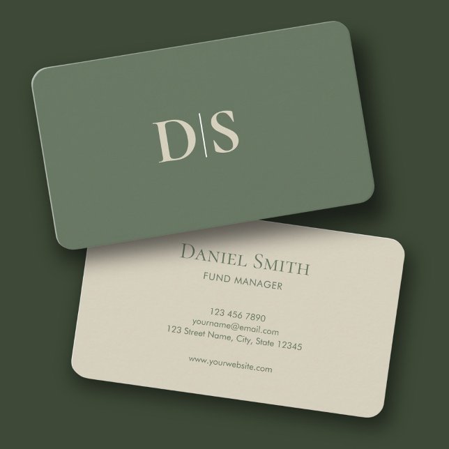 Minimalist Elegant Beige on Muted Green Initials Visitkort (Minimalist Elegant Beige on Muted Green Initials Business Card)
