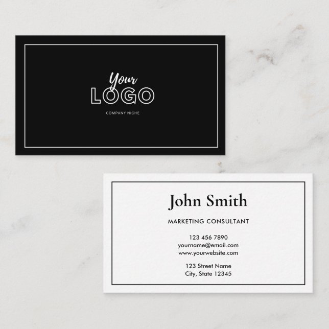Minimalist Elegant Black and White with Logo Visitkort (Fram/baksida)