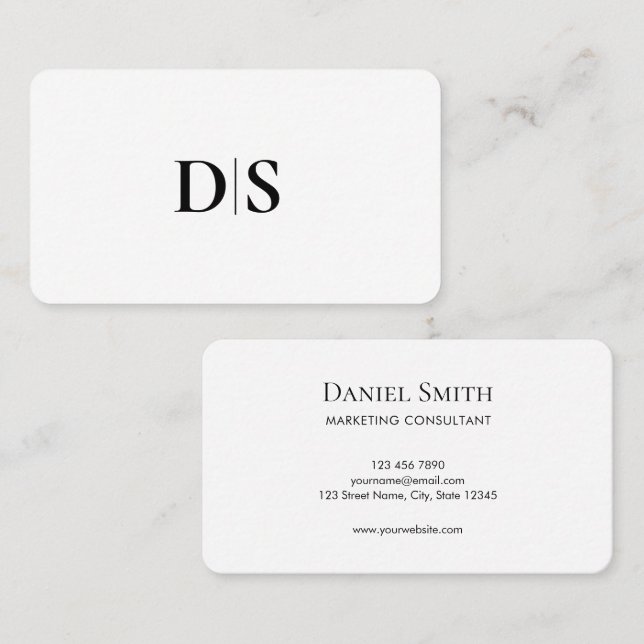 Minimalist Elegant Black on White Monogram Initial Visitkort (Fram/baksida)