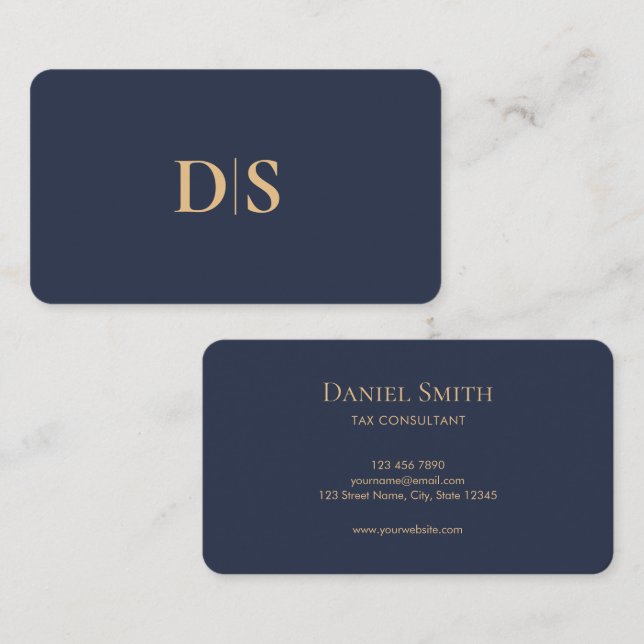 Minimalist Elegant Dark Blue Initial Professional Visitkort (Fram/baksida)