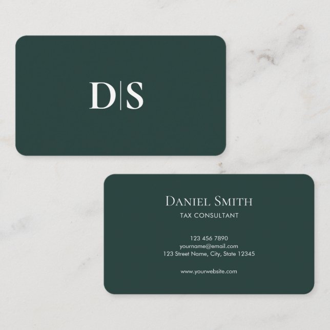 Minimalist Elegant Dark Green Initial Consultant Visitkort (Fram/baksida)