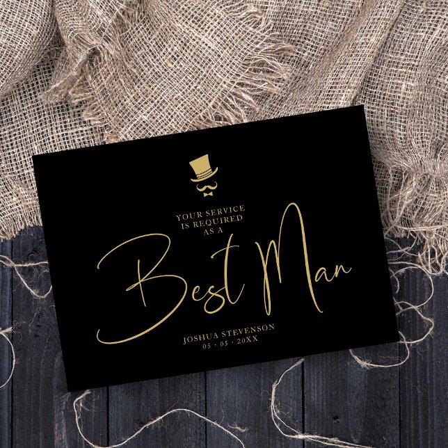 Minimalist Elegant Gorgeous Script Best Man Inbjudningar (Elegant, downloadable golden & black Best Man Wedding Proposal card.)