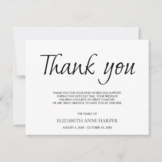 Minimalist Elegant Script Funeral Thank You Card OSA Kort (Framsida)