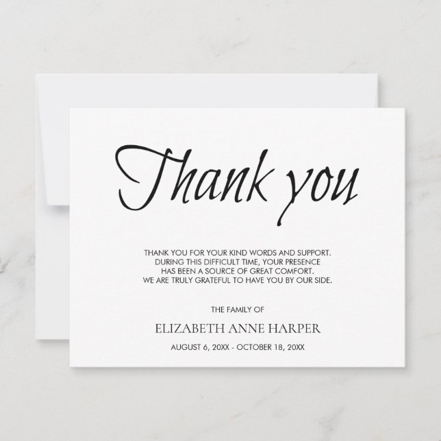 Minimalist Elegant Script Funeral Thank You Card OSA Kort (Framsida)
