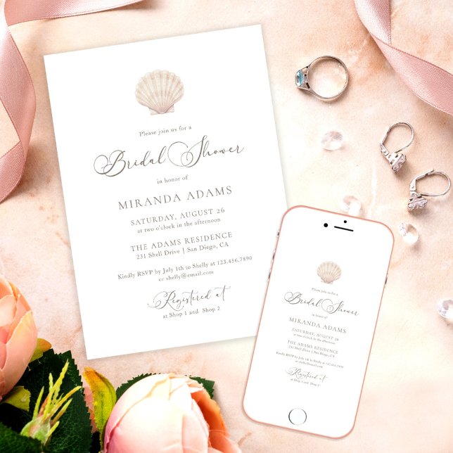 Minimalist Elegant Sea Shell Beach Bridal Shower Inbjudningar (Skapare uppladdad)