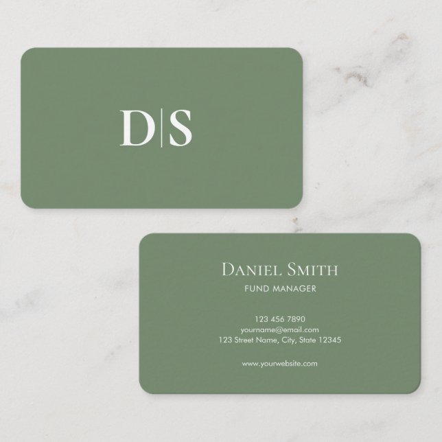 Minimalist Elegant White on Muted Green Initials Visitkort (Fram/baksida)