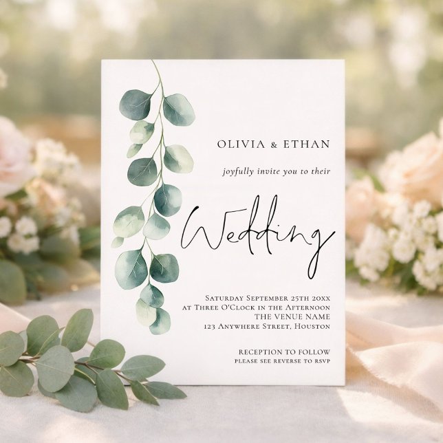 Minimalist Eucalyptus Elegant Script Sage Wedding Inbjudningar (Skapare uppladdad)