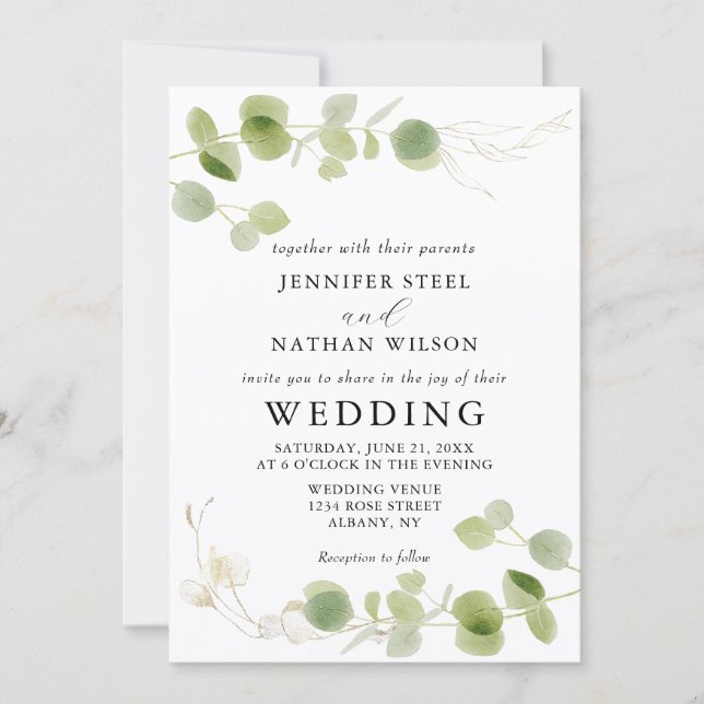 Minimalist Eucalyptus Green Foliage Classy Wedding Inbjudningar (Framsida)