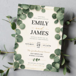 Minimalist Eucalyptus Sage Green Leaves and Gold Inbjudningar