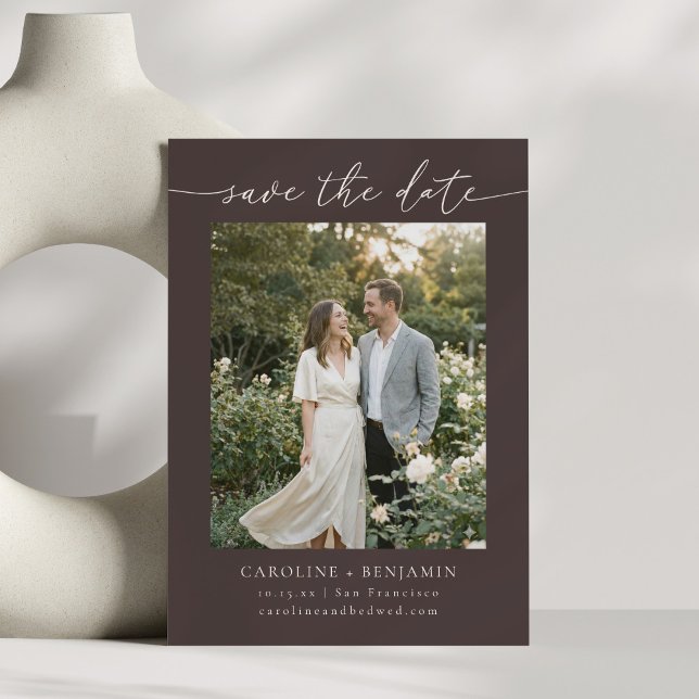 Minimalist Fall Brown Earthy Script Photo Wedding  Spara Datumet (Skapare uppladdad)