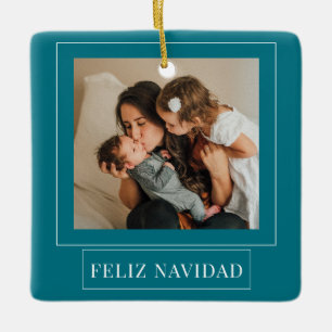 Minimalist Feliz Navidad Teal julfoto Julgransprydnad Keramik