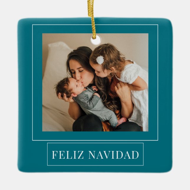 Minimalist Feliz Navidad Teal julfoto Julgransprydnad Keramik (Framsida)