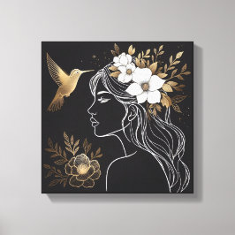 Minimalist Feminine Wall Art with Gold Botanical Canvastryck