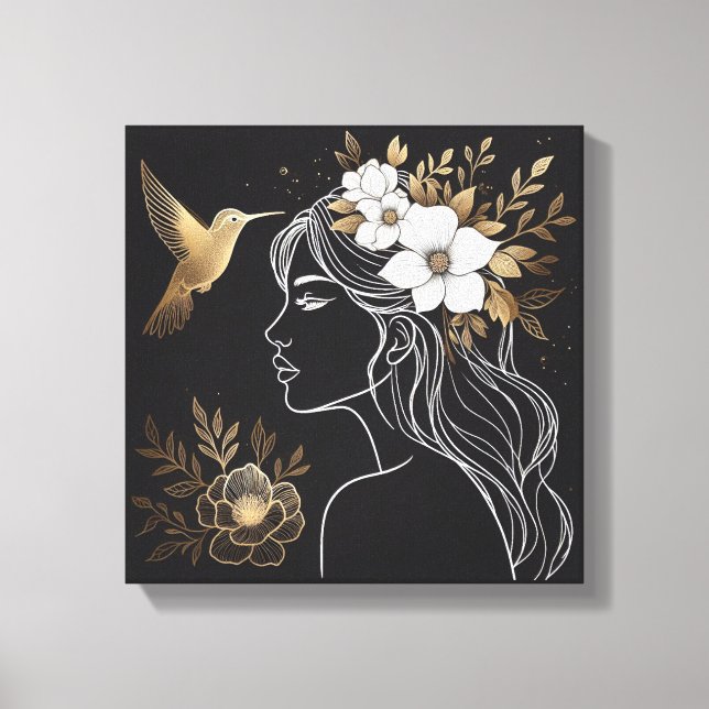 Minimalist Feminine Wall Art with Gold Botanical Canvastryck (Framsida)
