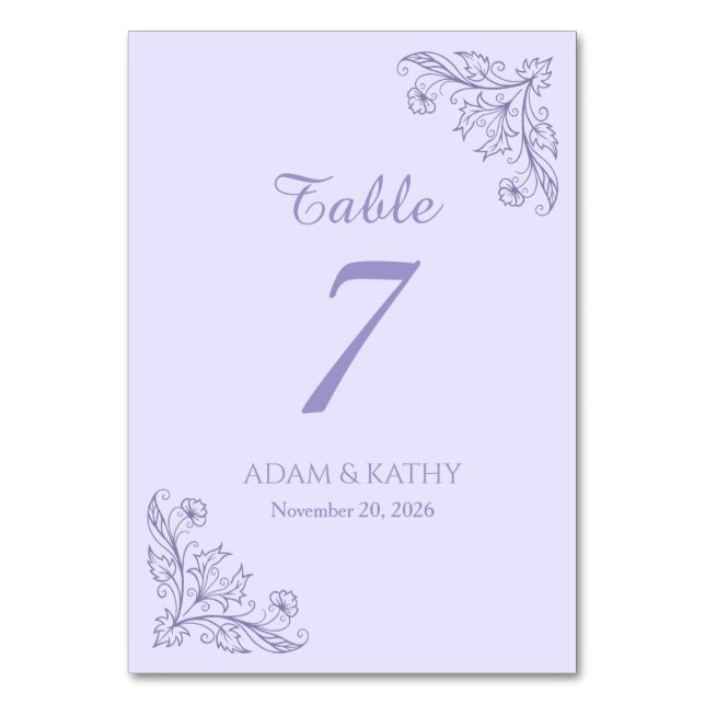 Minimalist Floral Lavender Wedding Table Numbers Bordsnummer (Framsidan)