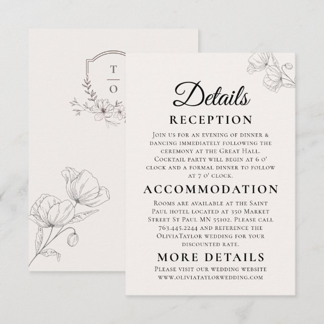 Minimalist Floral Line Art Wedding Enclosure Card  Tilläggskort (Fram/baksida)