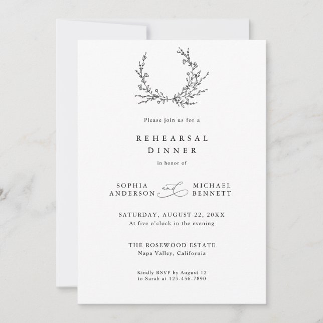 Minimalist Floral Line Art Wedding Rehearsal   Inbjudningar (Framsida)