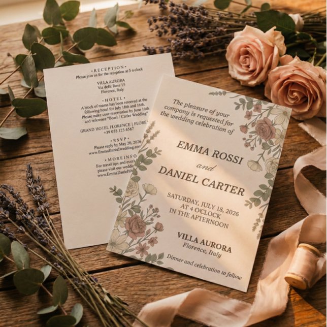 Minimalist Floreal Cream All In One Wedding  Inbjudningar (Simple Floral wedding invitation card, modern and nature inspired)