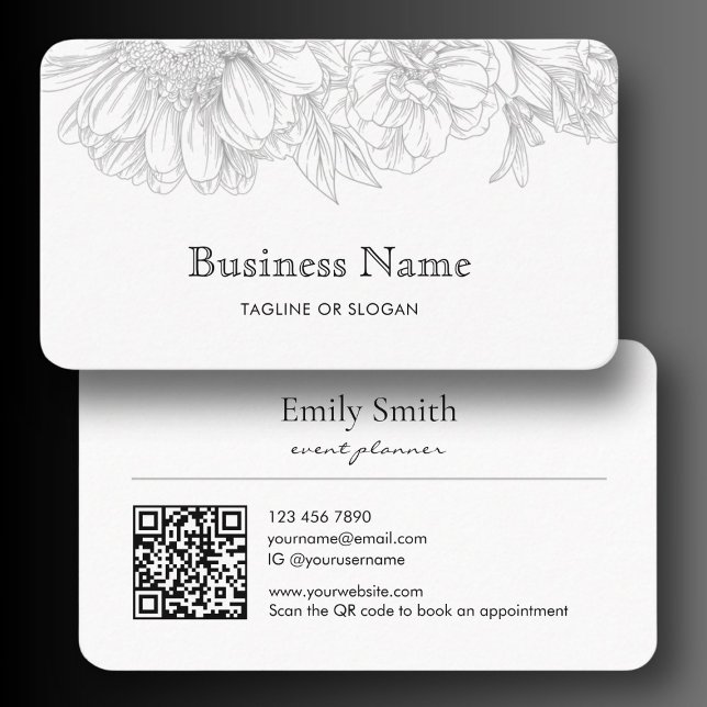 Minimalist Flower Line Art Business Name QRCode Visitkort (Minimalist Flower Line Art Business Name QRCode Business Card)