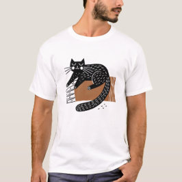 Minimalist Folk Art Black Cat Sitta på en hand T Shirt
