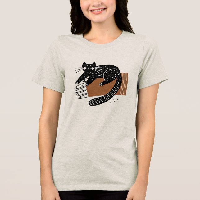 Minimalist Folk Art Black Cat Sitta på en hand T Shirt (Framsida)