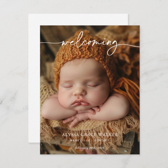 Minimalist Formal Welcoming Baby Announcement card (Fram/baksida)