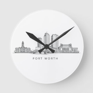 Minimalist Fort Worth Skyline Line Art Rund Klocka