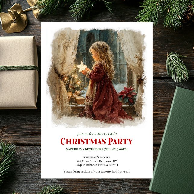 Minimalist girl awaits Santa editable holiday  Inbjudningar (Minimalist girl awaits Santa editable holiday invite)