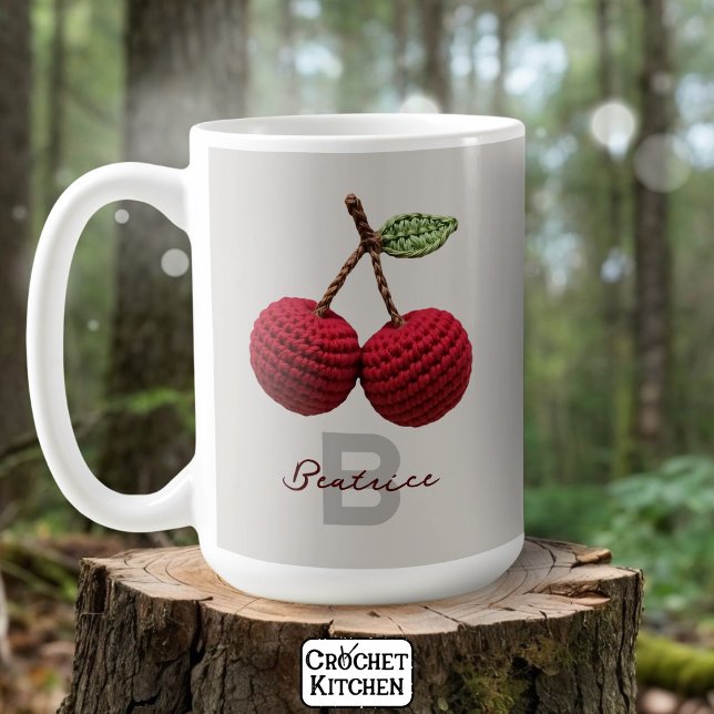 Minimalist Girly Crochet Red Cherry Monogram Namn Kaffemugg (Skapare uppladdad)