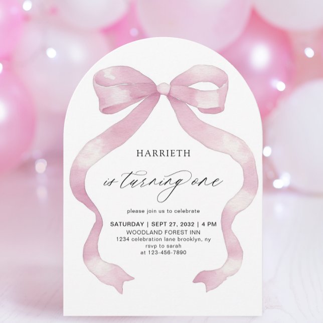 Minimalist Girly Pink Coquette Bow 1st Birthday Inbjudningar (Skapare uppladdad)
