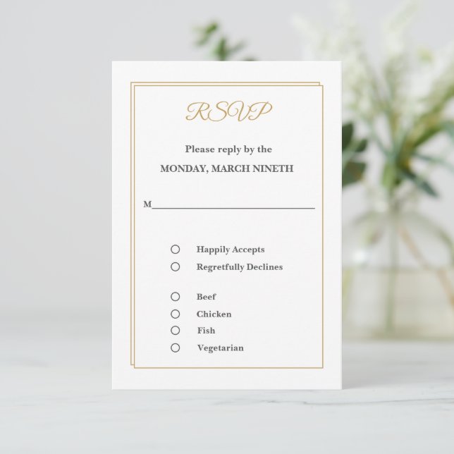Minimalist Gold Border RSVP Card with Meal Choices OSA Kort (Stående Fram)
