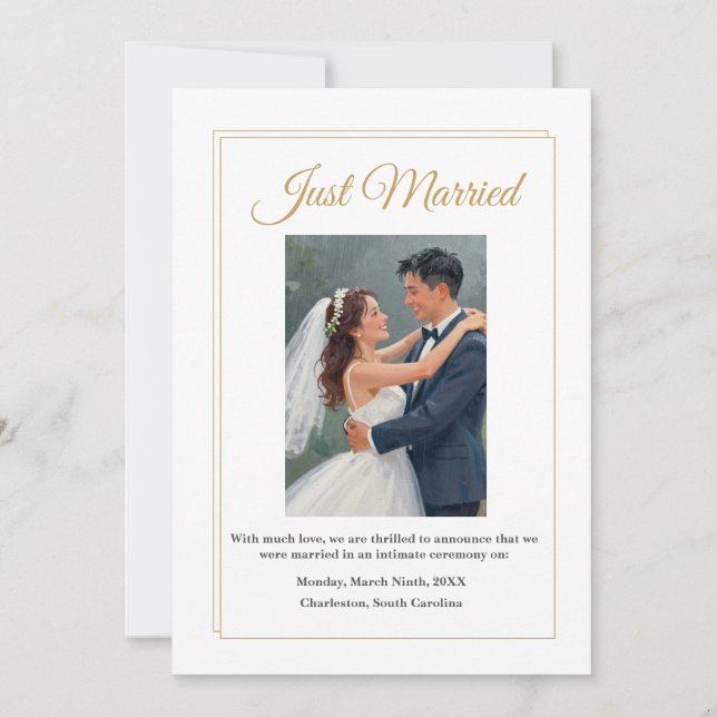 Minimalist Gold Border Wedding Announcement Card Tack Kort (Framsida)