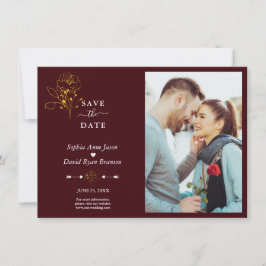 Minimalist Gold Floral Deep Burgundy Photo Wedding Spara Datumet