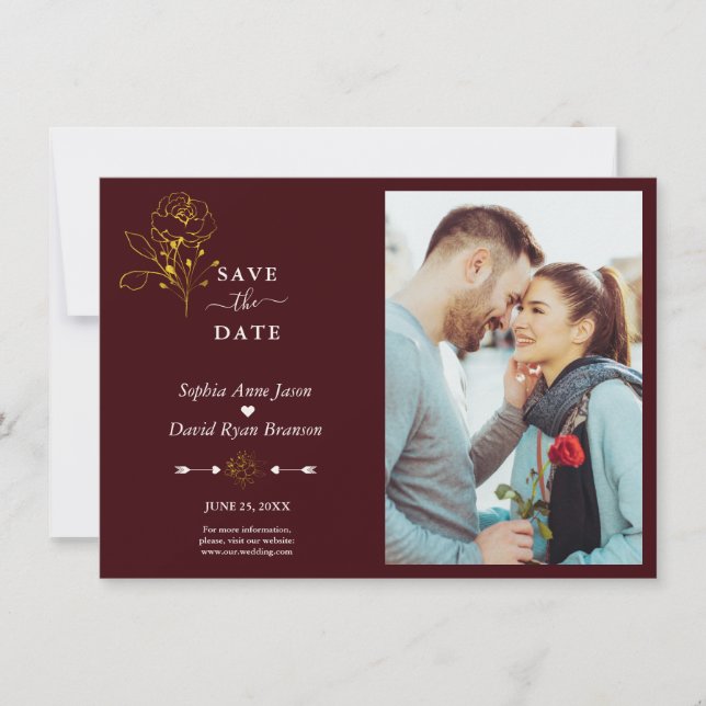 Minimalist Gold Floral Deep Burgundy Photo Wedding Spara Datumet (Framsida)