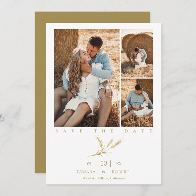 Minimalist Golden Wheat 3 Photos Collage Wedding (Fram/baksida)