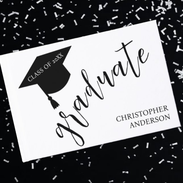 Minimalist Grad Cap Black & White Graduation Gästböcker (Skapare uppladdad)