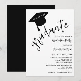 Minimalist Grad Cap Black & White Graduation Inbjudningar
