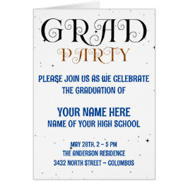 Minimalist Grad Party Blue Black & White Script Hälsningskort